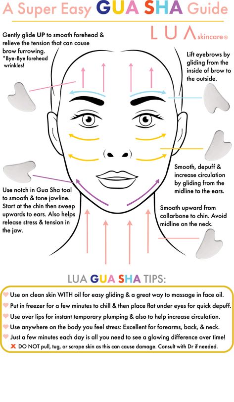 Brand: LUA skincareHave you made a GUA SHA facial part of your daily skincare ritual yet? This ancient Chinese practice is said to help increase blood flow to your skin, relieve tension, & improve overall circulation**. By gently gliding our GUA SHA on oiled skin, all skin types can use this smoothing tool to see an instant glow & lift to your face. Also, ours is made of stainless steel which will not break when dropped like other stone tools. Plus as a bonus, you can place our GUA SHA in the fr Face Exercises To Slim Face Gua Sha, Correct Gua Sha Technique, Goa Sha Face, Face Oil Gua Sha, De Puffing Face, Gua Sha Facial Technique, Best Oil For Gua Sha, Face Gua Sha Guide, Gua Sha Routine For Slim Face