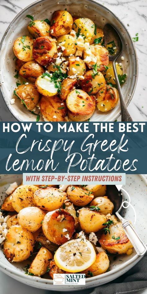 These authentic Crispy Greek Roast Potatoes with Lemon and Feta are the perfect Greek recipe! Roasted to perfection with garlic and a zesty lemony twist, these BBQ side dish gems are picnic and potluck favorites. Mediterranean Roasted Potato & Tzatziki Bowl, Crispy Lemon Feta Roasted Potatoes, Recipes With New Potatoes, Chicken Souvlaki Side Dishes, Greek Oven Roasted Potatoes, Best Greek Recipes Dinners, Lemon Greek Potato Salad, Greek Mini Potatoes, Lemon Garlic Potatoes Greek