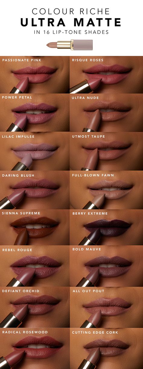 Swatches of the new L'Orèal Colour Riche Ultra Mattes. Available in 16 lip tone shades. Loreal Nude Lipstick Shades, L'oreal Lipstick Shades, Loreal Color Riche Lipstick Swatches, Loreal Riche Matte Lipstick Swatches, L’oréal Lipstick Swatches, L’oréal Pink Lipstick, Nude Colour Lipstick, Lipstick Guide, Lipstick For Dark Skin