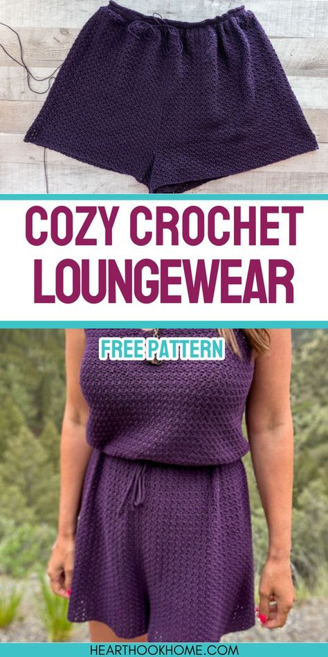 Discover how to crochet your own loungewear shorts with this free pattern—perfect for cozy days at home! Free Crochet Shorts Pattern For Women, Mercerized Cotton Crochet Pattern, Crochet Womens Clothes, Crochet Romper Adult Free Pattern, Free Crochet Clothes Patterns, Crochet Quick Projects Free, Crochet Shorts Pattern Free, Crochet Loungewear, Business Crochet