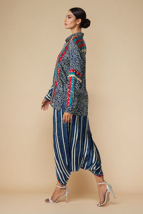 Buy Blue Modal Satin Print Bandhani Collar Neck And Embellished Shirt With Harem Pant For Women by Gulabo by Abu Sandeep Online at Aza Fashions in US Embellished Shirt, Pant For Women, Harem Pant, Collar Neck, Aza Fashion, Pants For Women, Satin, Collar, For Women