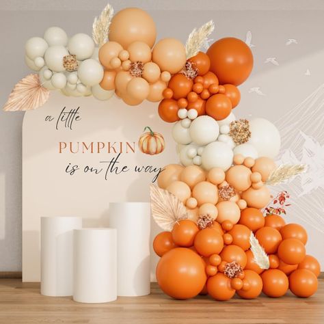 Fall Color Birthday Decorations, Fall Theme Balloon Arch, Pumpkin Balloon Decorations, Little Pumpkin Baby Shower Balloon Arch, Little Pumpkin Balloon Arch, Fall Color Balloon Arch, Fall In Love Baby Shower Theme Decor, Fall Baby Shower Balloon Arch, Boho Pumpkin Baby Shower Theme