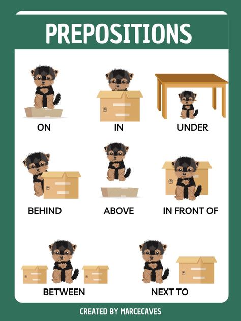 Learn English with this memory aid Prepositions For Kids, English Exercises For Kids, Esl Prepositions, Preposition Pictures, Preposition Of Place, Arabic Stories, Preschool Activities Printable, Exercises For Kids, English Exercises