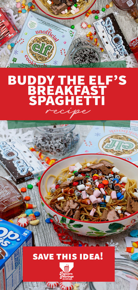 Bring a taste of sweet holiday chaos to your Christmas breakfast table with Buddy the Elf’s breakfast spaghetti, straight from the movie Elf! Take this sweet breakfast idea to the next level by upgrading to a homemade chocolate fudge sauce. Buddy The Elf Christmas Table, Buddy The Elf Dinner Ideas, Christmas Movie Snack Ideas, Elf Party Food, Elf Recipes, Elf Dinner, Christmas Breakfast Table, Breakfast Spaghetti, Elf Food