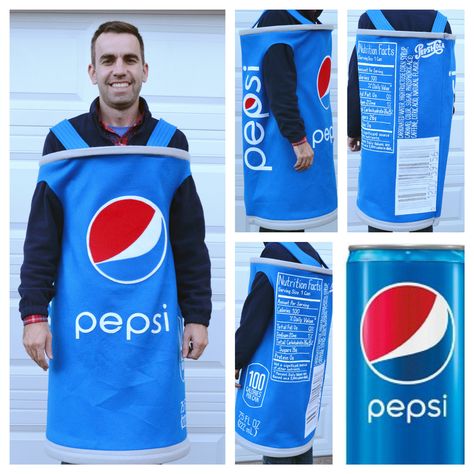 Pepsi. Halloween costume. Homemade. Felt. Pellon. Puff paint. Pepsi Costume, Pepsi Halloween Costume, Soda Can Costume, Soda Can Halloween Costume, Soda Halloween Costumes, Soda Costume Diy, Pepsi Man, Food Costumes, Clever Halloween Costumes