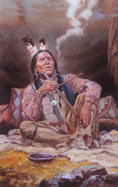 "Wakan Smoke" 11x7 oil ©2015 The Native Americans smoked the pipe for 2 reasons. 1st, they liked to. 2nd, they saw the ritual of the pipe as a means of conveying their thoughts and prayers to the Great Spirit.➳ʈɦuɲɖҽɽwσℓʄ➳ Native American Face Paint, American Indian Artwork, Native American Tattoos, Indian Artwork, Sitting Bull, Native American Paintings, Native American Wisdom, Native American Images, Native American Chief