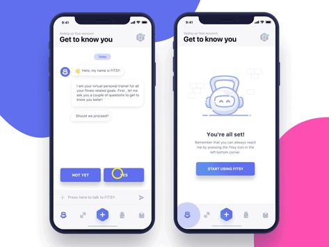 Here's another interaction I designed for an an app I work on named Fitsy.  Here you can see part of the data collection process that is actually just filling up a form in the background but it doe... Chatbot Ui Design, การออกแบบ Ui Ux, Ui Ux Design Trends, Application Ui Design, Chatbot App, Chatbot Design, Ux Design Trends, Ui Design Mobile, Ui Ux Designer