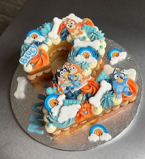 Bluey themed number cake 💙🩵 - #blueycake #blueybirthdayparty #2ndbirthdaycake #childrenscakes #childrensbirthdaycakes #blueybirthdaycake… | Instagram Bluey Birthday Cupcake Cake, Bluey Bingo Cake Pops, Mini Bluey Cake, Number 2 Bluey Birthday Cake, Number 2 Bluey Cake, Bluey Duck Cake Ideas, Number Cake Bluey, Bluey Two Year Old Party, Bluey Cupcake Cake Ideas