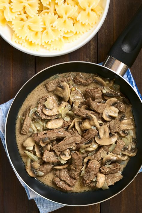 German Beef Stroganoff - Made with round steak, oil, onion, mushrooms, dry mustard, salt, black pepper, cream of mushroom soup, water, sour cream | CDKitchen.com Beef And Mushroom Stew, Striploin Steak, Autoimmune Paleo Recipes, Slow Cooker Beef Stroganoff, Mushroom Stew, Stroganoff Recipe, How To Cook Beef, Lean Beef, Beef Stew Recipe