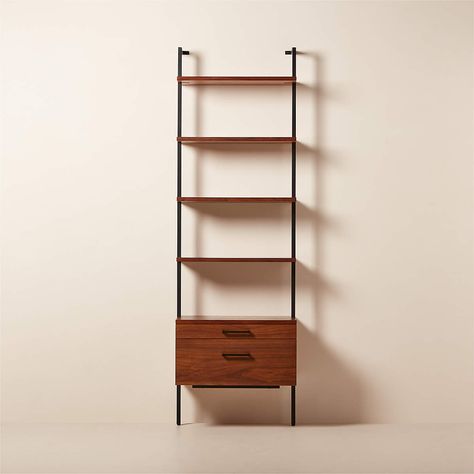 Helix 96" Walnut Bookcase with 2 Drawers | CB2 Walnut Wood Wall, Acrylic Bookcase, Modern Bookshelves, Minimalist Bookcase, Wood Media Console, Walnut Bookcase, Shelf Hardware, Drywall Installation, Wall Mounted Bookshelves