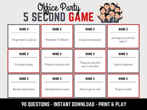 Introducing the Office Party 5 Second Game - the perfect addition to your office parties, corporate events, and team-building sessions! Can your colleagues beat the clock and name three answers in just 5 seconds? PERFECT FOR OFFICE PARTIES AND CORPORATE EVENTS  Transform your office gatherings, corporate team-building activities, and business meetings with The 5 Second Game. It's the ideal choice for fostering team spirit, breaking the ice, and providing an engaging and entertaining experience f Team Building Activities For Coworkers, Work Party Games, Corporate Team Building Activities, 5 Second Rule, Party Game Ideas, Job Tips, Team Building Games, Corporate Team Building, Appreciation Ideas