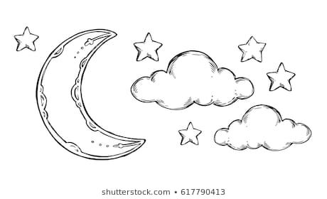 Hand Drawn vector elements - Good night (sleeping moon, stars, clouds). Illustrations in sketch style. Perfect for prints, postcards, posters etc Moon And Clouds Drawing, Night Drawing Easy, Cloud Doodle, Sketchbook Easy, Moon Sketch, Ramadan Journal, Night Sketch, Sleeping Drawing, Cloud Illustration