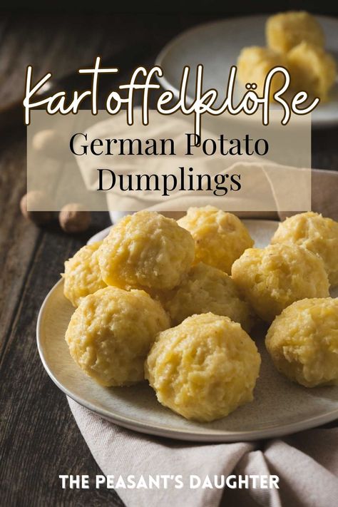 A platter of round German potato dumplings. German Potato Dumpling Soup, Potatoe Dumplings, Potato Dumplings German, German Potato Dumplings, German Meals, Potato Dumpling Recipe, Dumplings Recipes, Potato Dumpling, German Food Authentic