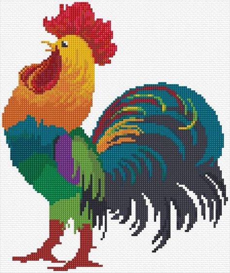 Rooster|54|3430|x-stitch|10 Free Patterns Online Rooster Cross Stitch, Chicken Cross Stitch, Cross Stitch Kitchen, Beautiful Cross Stitch Pattern, Cross Stitch Needles, Cross Stitch Bird, Beaded Cross Stitch, Diy Cross Stitch, Cross Stitch Rose