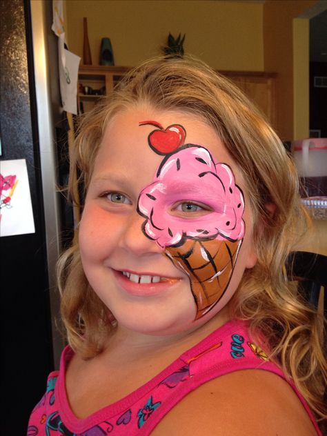 Pink Ice Cream Cone Face Paint By Meredith Terry Easy Face Painting Designs, Mime Face Paint, Clown Face Paint, Face Painting Tips, Face Painting Tutorials, Pink Ice Cream, Face Painting Easy, Kids Face Paint, Clown Faces