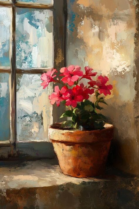 Charming Flower Window Scene Canvas Print Inspired by Impressionist Artists Vibrant Red Blooms Art for Home Decor by CustomCanvasCurators 🌺✨ Embrace the beauty of everyday moments with our charming canvas print featuring a vibrant flower arrangement basking in warm sunlight beside a window. 🌞🌿 Bring the timeless essence of nature's elegance into your home decor and infuse your space with warmth and tranquility. Perfect for sparking conversations and evoking positive emotions, this artwork c... Scenes To Paint On Canvas, Acrylic Flower Painting Canvas, Paintings Of Flowers In Vases, Light And Shadow Painting, Flower Arrangement Painting, Best Painting Ever, Paintings Of Flowers, Vibrant Paintings, Floral Paintings Acrylic