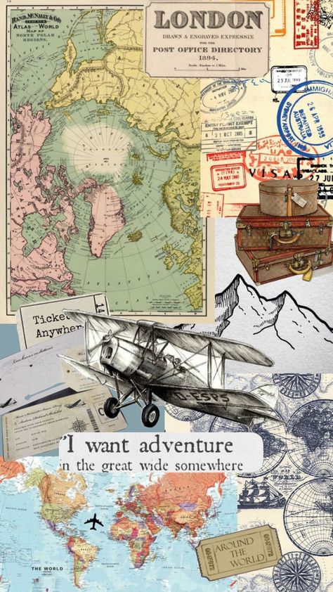 Traveling Wallpaper Aesthetic, Travel Theme Wallpaper, Travel Art Collage, Travelogue Ideas Layout Aesthetic, Travel Aesthetic Moodboard, Vintage Travel Aesthetic Wallpaper, Travel Collage Ideas, Travel Backgrounds Wallpaper, Disney Wallpaper Vintage