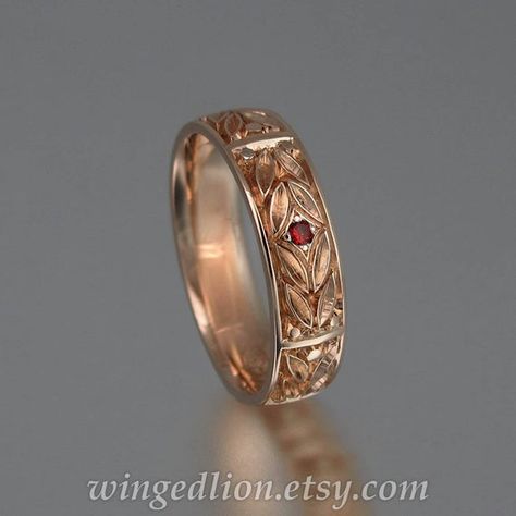 EVERGREEN LAUREL wedding band is adorned with beautiful carvings and features a comfortable shank. It will be made of 14K rose gold in the size specified by the customer. Its 5.7mm wide. It was created as a mens band, but the design is unisex. Please specify size when ordering. The band is adorned Gold Band For Men, Garnet Wedding Rings, Garnet Wedding, Wedding Gold, Antique Wedding, Rose Gold Wedding Bands, Dope Jewelry, Rose Gold Band, Mens Ring