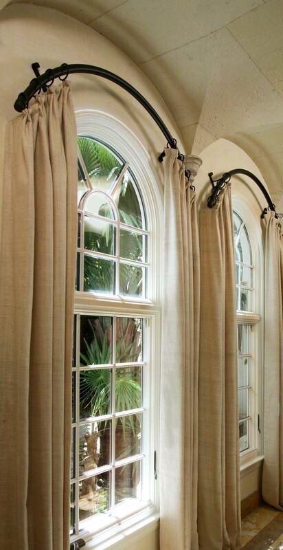 Arched Window Coverings, Curtains For Arched Windows, Bathroom Window Coverings, Curved Curtain Rods, Arched Window Treatments, Pink Blackout Curtains, Painted Curtains, Window In Shower, Window Curtain Rods