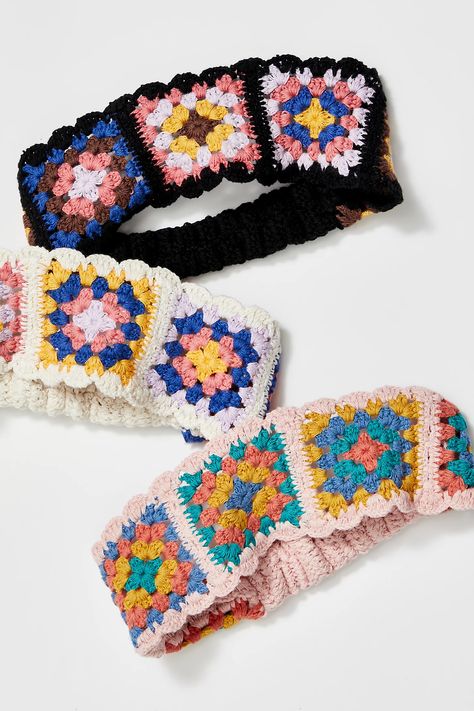 Granny Square Headband, Embroidery Bow, Square Patchwork, Crochet Accessory, Crochet Fun, Soft Headbands, Scallop Edge, 70s Inspired, Granny Squares