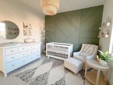 Green Nursery Theme, Beige And Green Nursery, Sage Green Nursery White Furniture, Nursery Accent Wall Sage Green, Green Baby Room Ideas, Sage Green Nursery Accent Wall, Sage Green Board And Batten Wall Nursery, Green Wall Nursery, White Crib Green Wall Nursery