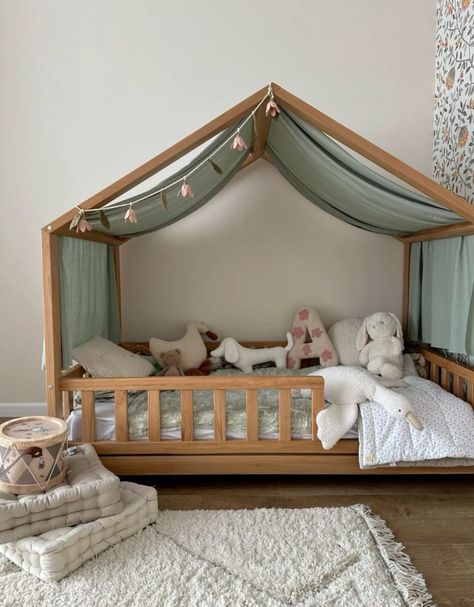 Toddler Bed Woodland, Kid Floor Bed Ideas, Floor Bed House, Child Bed, Nursery Bed, House Beds For Kids, Toddler Floor Bed, Modern Bedroom Ideas, Toddler Boy Room Decor