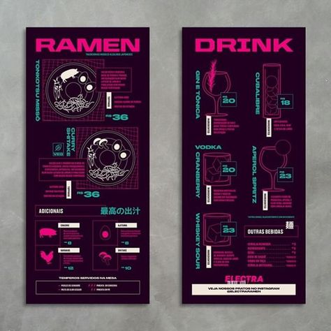 Electra is a Japanese-inspired ramen shop inspired by the cyberpunk aesthetic. It’s got a distinct Blade Runner, NeoToyko vibe; grungy yet futuristic, overflowing with visual noise and data and using a palette exclusively consisting of neon colors. Elektra Ramen Bar Brand Identity by @fatfacestudio. (2/3) #restaurantbranding #ramen #branding #graphicdesign #brandidentity #design #creative #typography #inspiration #menu #menudesign Futuristic Restaurant, Menu Sans Gluten, Bar Restaurant Design, Architecture Restaurant, Japanese Bar, Ramen Bar, Bakery Branding, Ramen Shop, Design Café