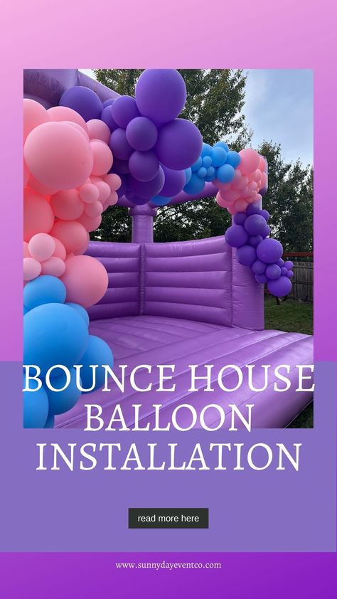 Want to know how balloon decorators prefer to install on balloons? Read more here! Pink Bounce House With Balloons, Balloon Arch On Bounce House, Bounce House Balloon Garland, Jump House, Bouncy House, Party Trends, Balloon Installation, Blue Balloons, Bounce House