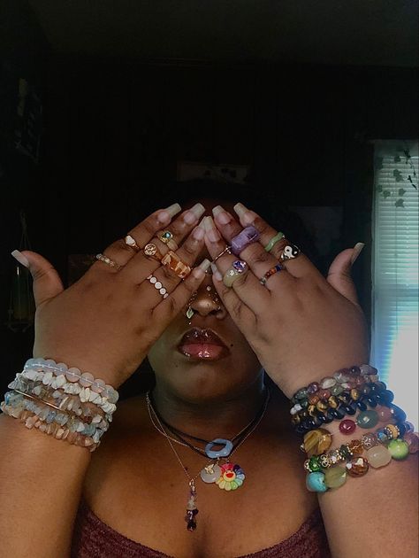 #jewelry Hand Bracelets Aesthetic, Bracelet On Both Wrists, Baddie Jewelry Aesthetic, Stone Bracelet Aesthetic, Bracelet Stack Beaded, Rings And Bracelets Aesthetic, Bracelets Black Women, Jewelry Black Women, Baddie Jewelry