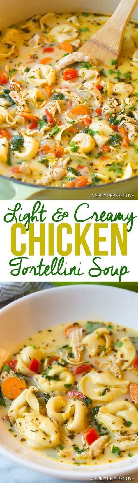 "Lightened-Up" Creamy Chicken Tortellini Soup | http://ASpicyPerspective.com Creamy Chicken Tortellini Soup, Creamy Chicken Tortellini, Chicken Tortellini Soup, Chicken Tortellini, Tortellini Soup, God Mat, Crock Pot Soup, Think Food, Slow Cookers