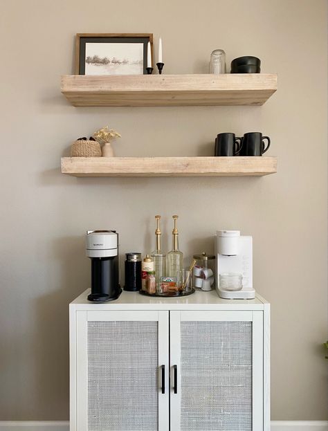 Coffee Bar Guest Room, Nespresso Office Station, Coffee Station Salon, Office Coffee Bar Ideas Small Spaces, Rattan Coffee Bar, Coffee Bar Simple, Coffee Corner Ideas In Living Room, Coffe Corners In Kitchen, Shelves Above Coffee Bar