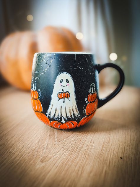 Ghost Mug, Witch Herbs, Witch Cauldron, Hand Painted Pumpkin, Pumpkin Mug, Fall Mug, Witches Cauldron, Witch Cat, Pumpkin Art