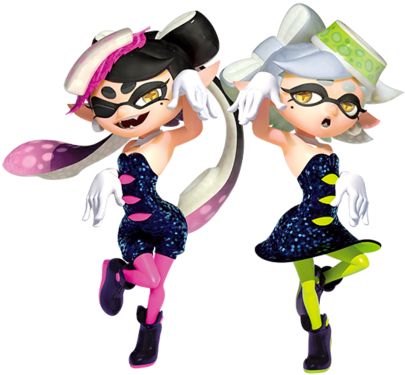 Squid Sisters - Inkipedia, the Splatoon wiki Splatoon Tumblr, Splatoon Squid Sisters, Donkey Kong Junior, Squid Girl, Splatoon Squid, Squid Sisters, Callie And Marie, Sister Poses, Nintendo Fan Art