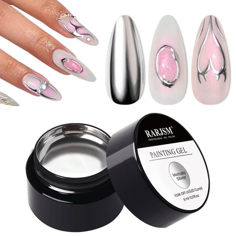 RARJSM Metallic Painting Gel Nail Polish Silver Chrome 3D Metal Painted Drawing Gel Polish 8ml Liquid Mirror Effect Glossy Shine Soak Off Curing Need Home Salon DIY Nail Art Liner Design Manicure Liquid Mirror, Liner Design, Metallic Painting, Buff Nails, Metal Painting, Manicure Gel, Silver Nail, Line Dot, Nail Remover