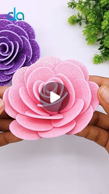 Paper Craft Rose Flower, How To Make Rose Flower With Paper, Glitter Foam Flowers, Glitter Paper Flower, Rose Flower Making With Paper, Rose Making With Paper, How To Make Rose With Paper, Glitter Paper Crafts Diy, How To Make A Rose