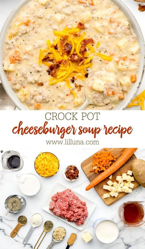 Tailgate Soup Crock Pot, Crockpot Cheeseburger Soup, Rice Soup Crockpot, Cheeseburger Soup Crockpot, Bacon Cheeseburger Soup, Macaroni Soup, Cheese Burger Soup Recipes, Canned Potatoes, Hamburger Soup