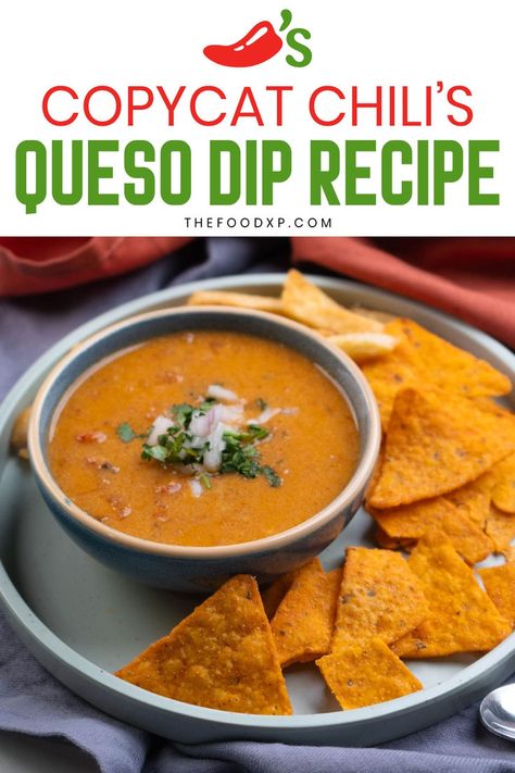 Image of Copycat Chili’s Queso Dip served in a rustic bowl. The creamy, cheesy dip is infused with bold flavors and topped with a sprinkle of diced tomatoes and fresh cilantro. Perfect for dipping tortilla chips, this homemade recipe replicates the rich and savory taste of Chili’s classic appetizer. Chili Queso Recipe, Chilis Queso Dip Crockpot, Carlos O Kellys Queso, Chili’s Skillet Queso Dip, Chili Rotel Cheese Dip, Chilies Queso Dip Copycat, Chili’s Queso Dip, Velveeta Queso Dip With Chili, Copycat Chili's Skillet Queso