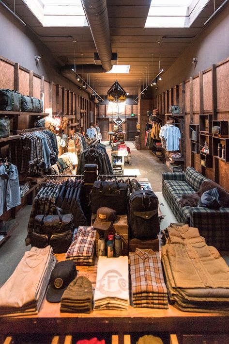 Men’s Retail Store, Apparel Store Interior, Clothing Shop Aesthetic, Vintage Store Ideas, Retail Store Layout, Military Surplus Store, Hiking Store, Shoe Store Design, Clothing Store Design