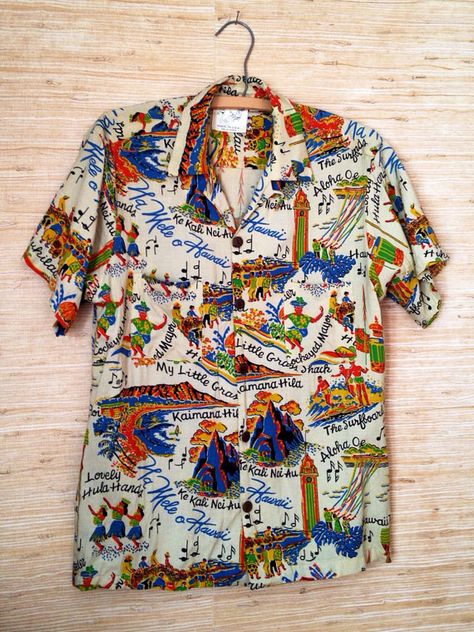 Fabulous 1960s Vintage Hawaiian Shirt / by HilltownVintage Hawaii Postcard, Hawaii Logo, Hawaii Outfit, Hawaii T Shirt, Vintage Hawaii Photography, Hawaii Pattern, Hawaiian Shirt Outfit, Hawaiian Clothing, Hawaiian Fashion