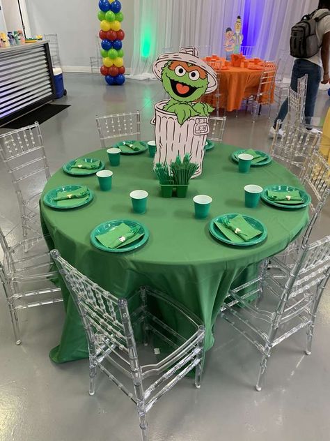 Anthony Street | CatchMyParty.com Sesame Street Theme Party, Sesame Birthday Party, Oscar The Grouch Party Ideas, Sesame St Birthday Party, Sesame Street Party Centerpieces, Sesame Street Birthday Party Ideas 1st Boy, Sesame Street Decorations Birthday Ideas, Sesame Street Birthday Centerpiece, Sesame Street Bday Party