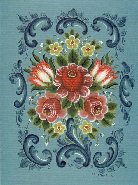 rosemaling | Rosemaling Rosemaling Pattern, Motifs Art Nouveau, Norwegian Rosemaling, Arte Folk, Tole Painting Patterns, زجاج ملون, Russian Folk Art, Folk Art Flowers, Scandinavian Folk Art