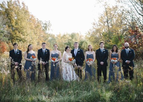 Bridal Party in Burnt Orange and Dusty Blue Blue And Orange Wedding Party, Dusty Blue And Orange Wedding, Orange Wedding Party, Burnt Orange Weddings Decorations, Blue And Orange Wedding, Blue Bridesmaid Gowns, Orange Wedding Decorations, Burnt Orange Weddings, Wedding Bridesmaids Dresses Blue