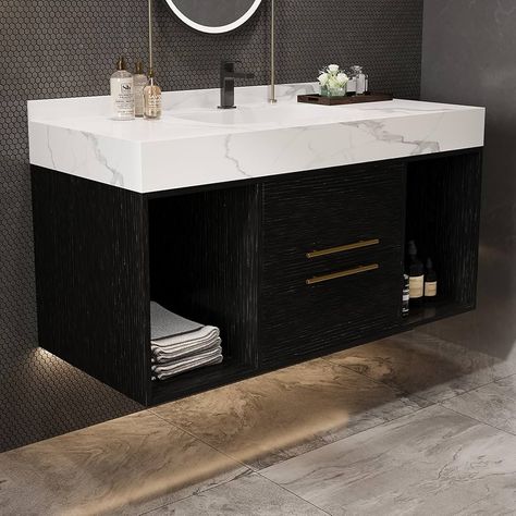 Amazon.com: 40 Inch Modern Wall Mounted Bathroom Vanity with Ceramic Sink. Quick Assembly Solid Wood Floating Bathroom Vanity Cabinet with 2 Drawers and 2 Storage,Black.… : Tools & Home Improvement Wall Vanity Floating, Wood Floating Bathroom Vanity, Built In Bathroom Vanity, Black Bathroom Vanities, Vanity Floating, Wall Mounted Bathroom Vanity, Mounted Bathroom Vanity, Wall Vanity, Bathroom Vanity Cabinet