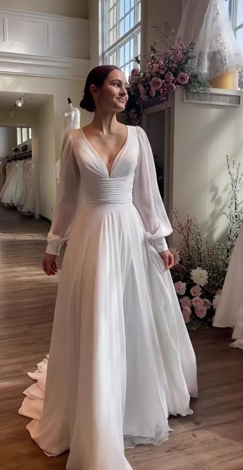 Simple White Long Sleeve Wedding Dress, Aline Wedding Dress With Sleeves Simple, Bride Dress Sleeves, Soft Flowy Wedding Dress, Vintage Flowy Dress, Wedding Dress Sleeves Off The Shoulder, Wedding Dress Mid Size Bride, Wedding Dresses Curvy Bride Body Types, Wedding Gown For Pregnant Brides