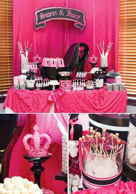 Royally Sweet & JUICY Sixteenth Birthday Party Juicy Couture Party Decorations, Juicy Couture Party Theme, Juicy Couture Birthday Party Ideas, 16 Party Ideas, Sweet 16 Party Ideas, Makeup Event, 16th Birthday Decorations, Sweet 16 Party, Party Hostess