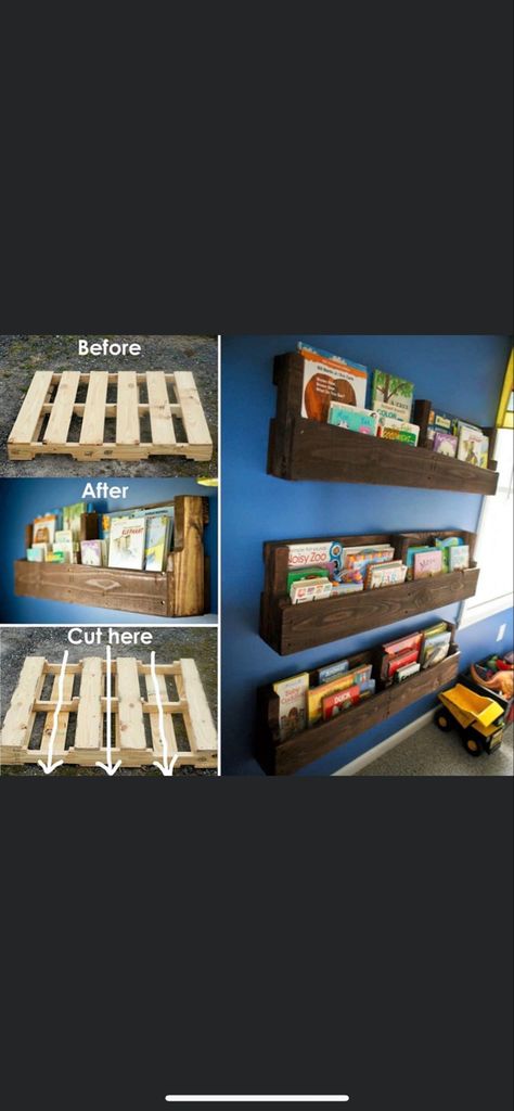 Palette Bookshelf, Pallet Bookshelves, Pallet Furniture Indoor, Pallet Kids, Pallet Bookshelf, Creative Bookshelves, Ranch House Decor, Kids Loft, Wood Projects For Kids