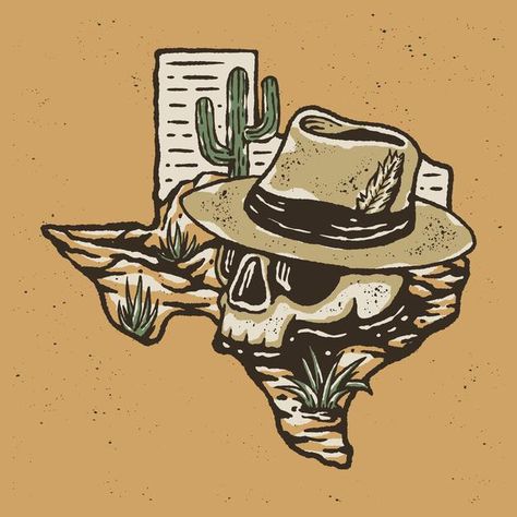 West Texas Tattoo, Texas Drawings, Texas Tattoo For Men, Graphic Tee Design Ideas, Texas Illustration, Desert Illustration, Desert Tattoo, Texas Desert, Texas Logo