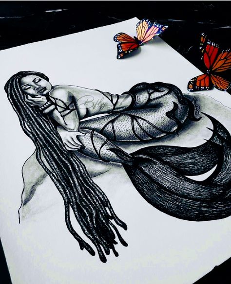 Dreadlock Tattoo Design, Black Aries Goddess Tattoo, Maman Brigitte Tattoo, Mermaid With Afro Tattoo, Mermaid With Locs Tattoo, African Fairy Tattoo, Goddess Tattoo Black Woman, Black Aphrodite Tattoo, Voodoo Sleeve Tattoo