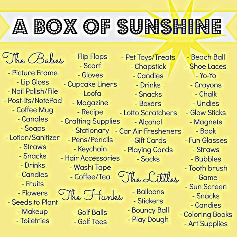 How awesome is this!? Send someone a box of sunshine, such a sweet and simple way to brighten their day. I saw som... A Box Of Sunshine, Box Of Sunshine, Secret Sisters, College Care Package, Care Package, Mellow Yellow, Random Acts Of Kindness, Diy Birthday, Homemade Gifts