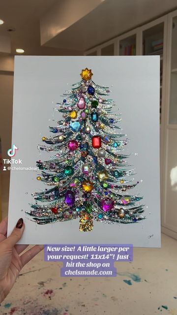 Gem Christmas Tree, Jeweled Christmas Trees Diy, Xmas Paintings, Christmas Tree Canvas, Jeweled Christmas Trees, Jeweled Christmas, Happy Merry Christmas, Christmas Tree Art, Handmade Christmas Crafts